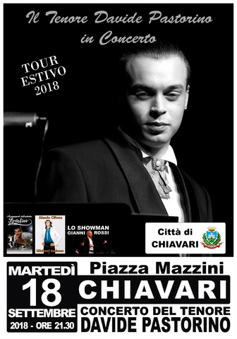 Concerto del tenore Davide Pastorino - martedì 18 settembre in Piazza Mazzini alle 21,30